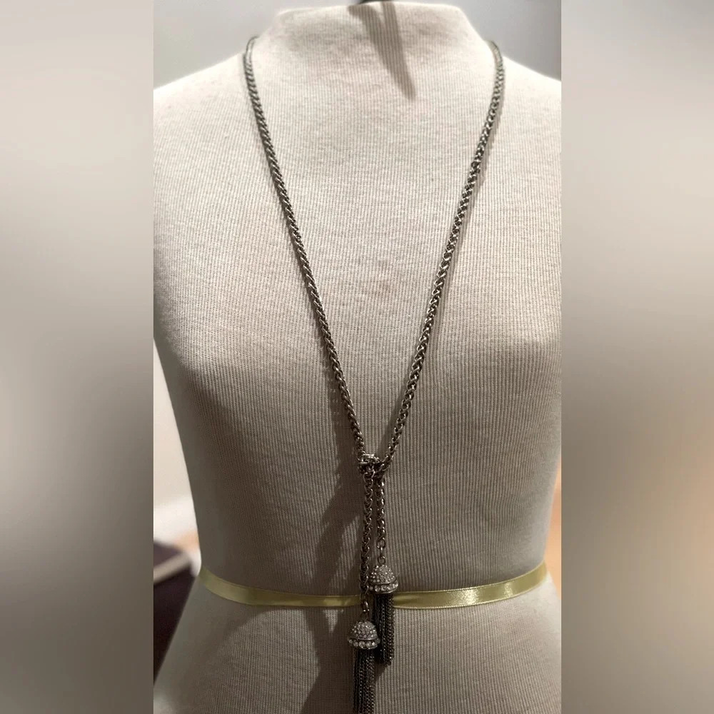 Designer Inspired Renaissance Diamond And Silver Tassel Long Pendant Necklace. - Picture 2 of 7